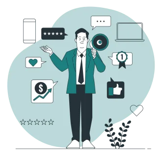 Digital marketing specialist surrounded by online business tools